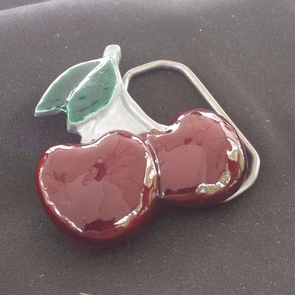 CHERRY CHERRIES RED WITH GREEN STEM LEAVES FRUIT BELT BUCKLE