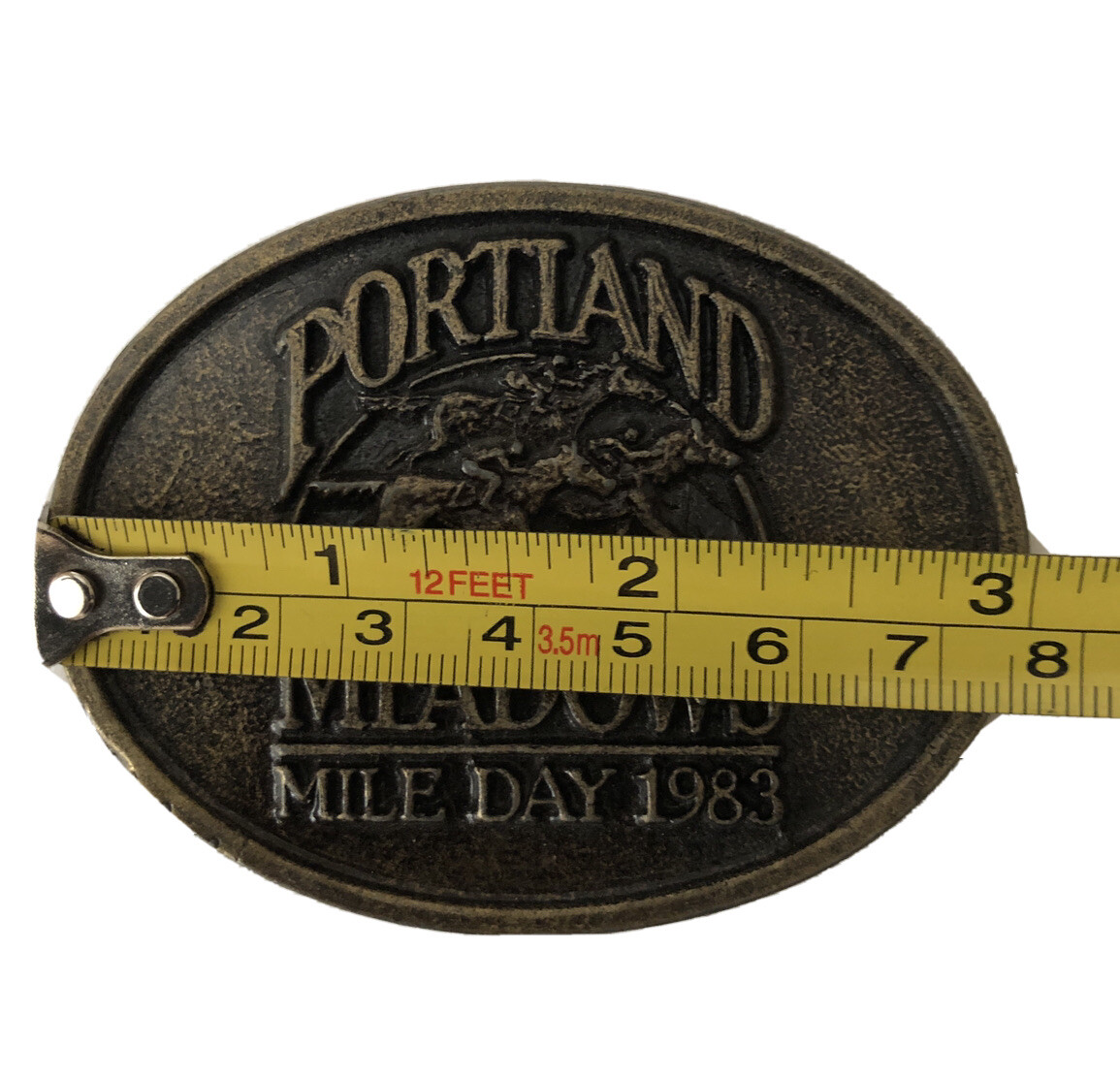 Vintage 80s Portland Meadows Mile Day Western Belt Buckle Horse Racing Bronze