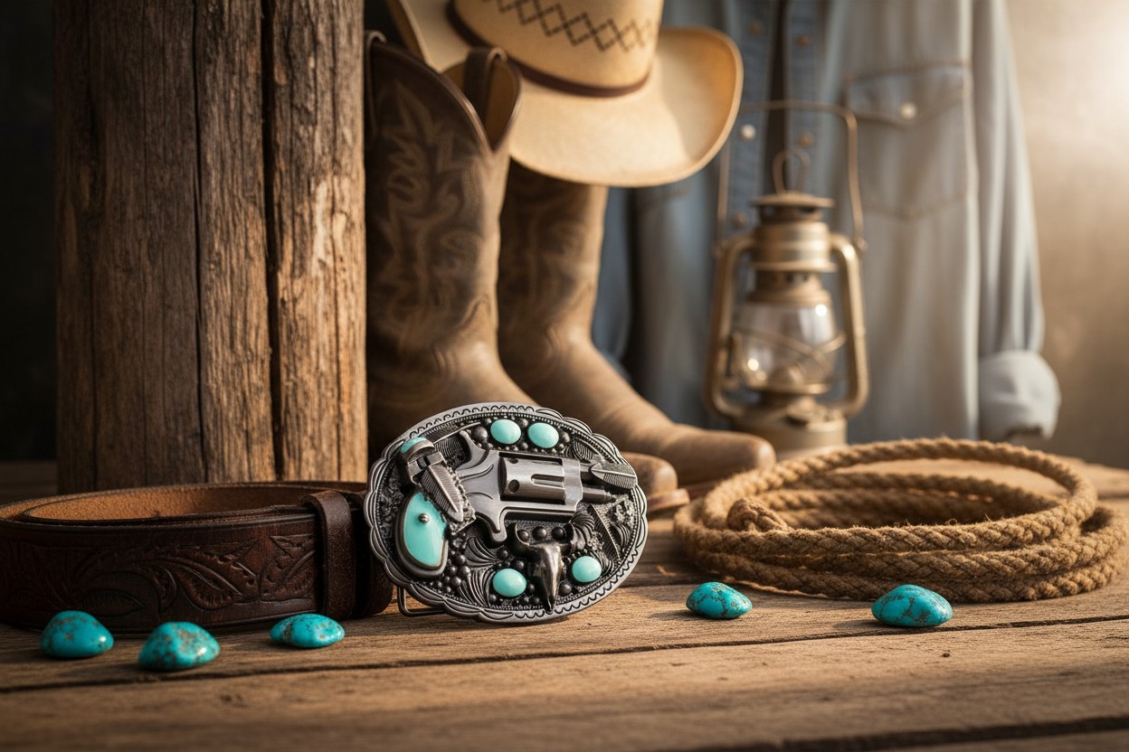 Men Western Buckle Dark Silver Metal Revolver Pistol Gun Feather Bull Turquoise