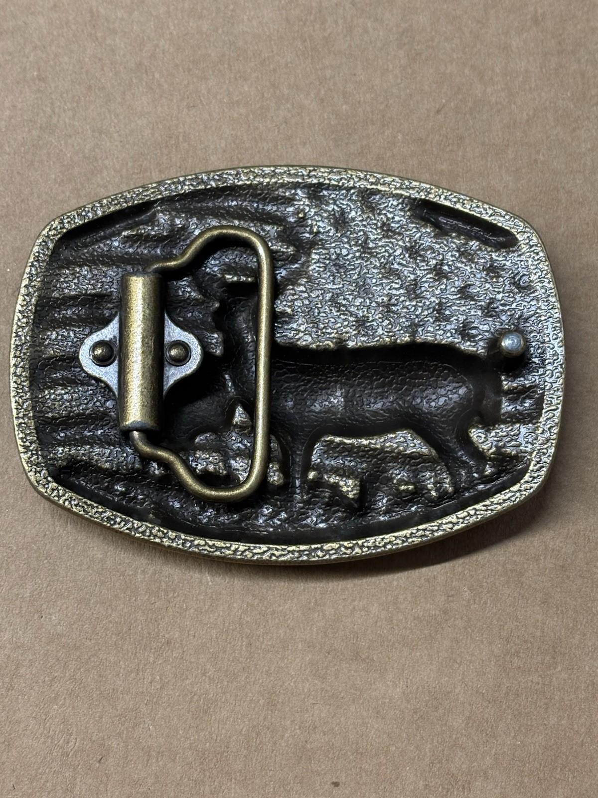 Belt Buckle Bronze Metal Deer Hunter Western USA Flag Background Patriotic