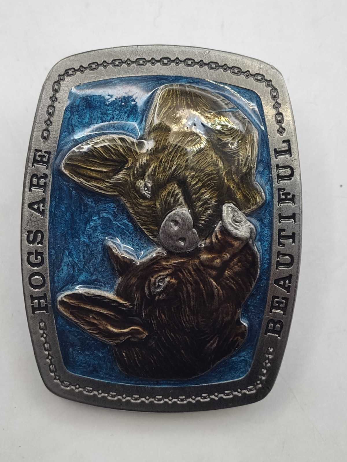 Vintage LE 1979 Hogs Are Beautiful Belt Buckle Pigs Farmer Enameled Heavy # H741
