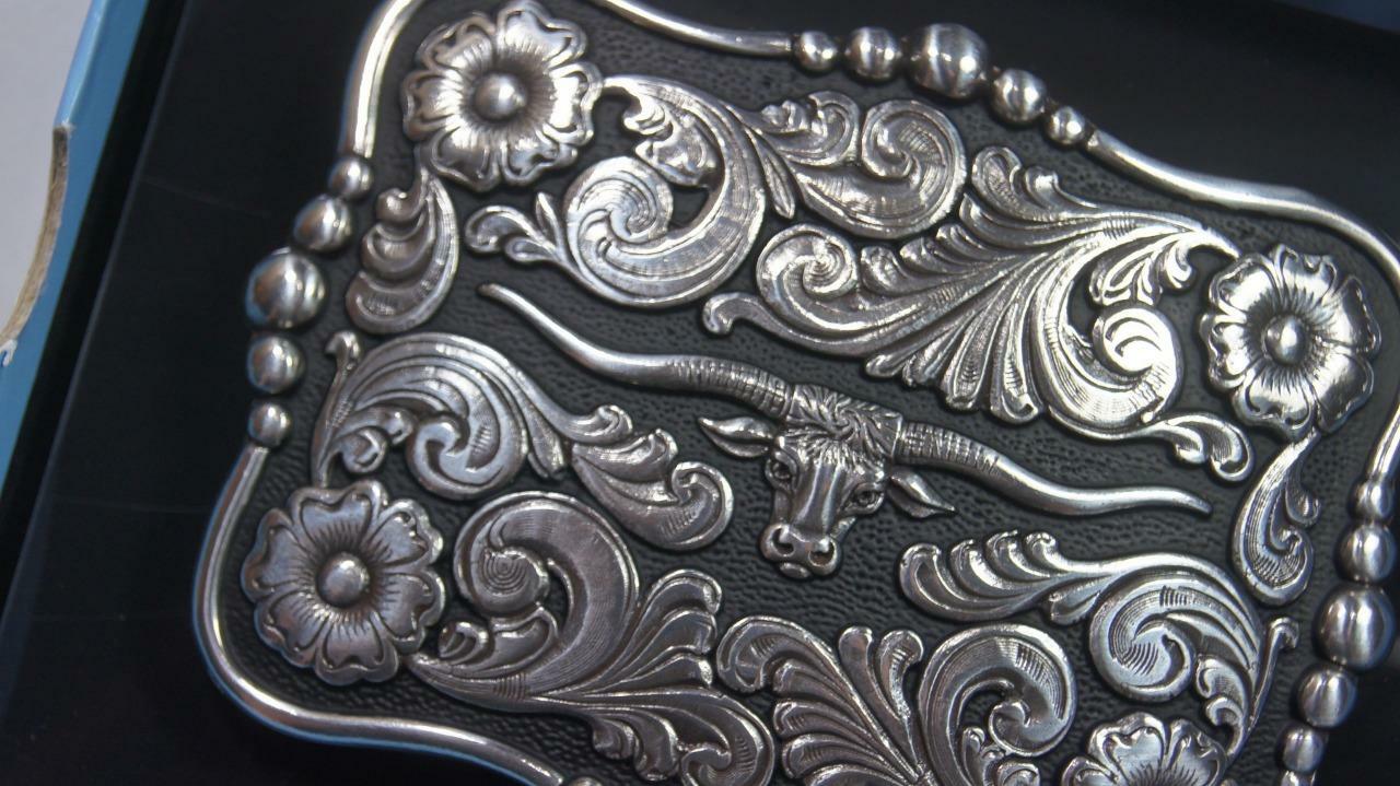 Nocona Western Belt Buckle Rectangle Longhorn Silver Tone and Black 37586