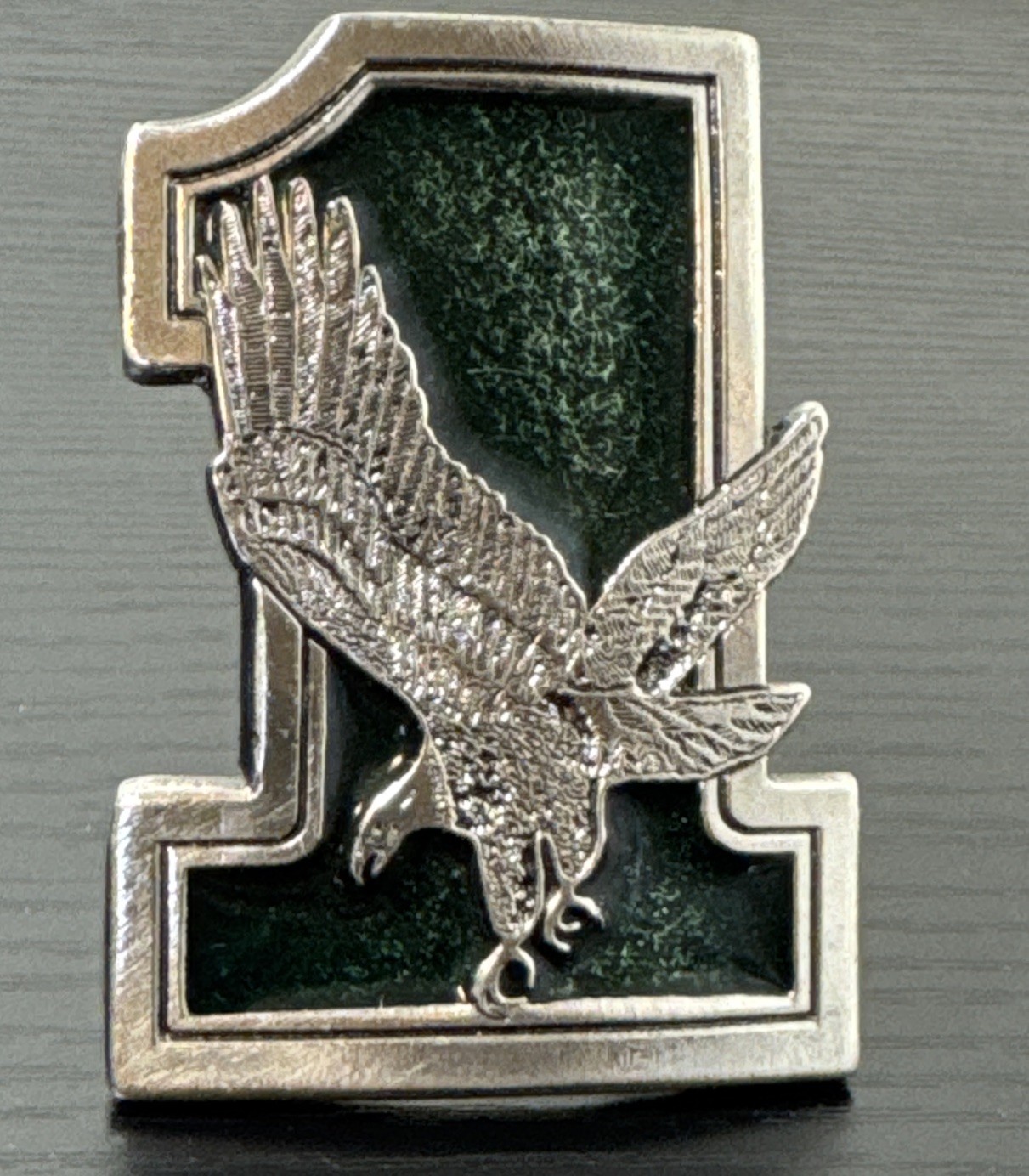 1975 Great American Buckle Co. Eagle On #1 Vtg Belt Buckle Silvertone & Green