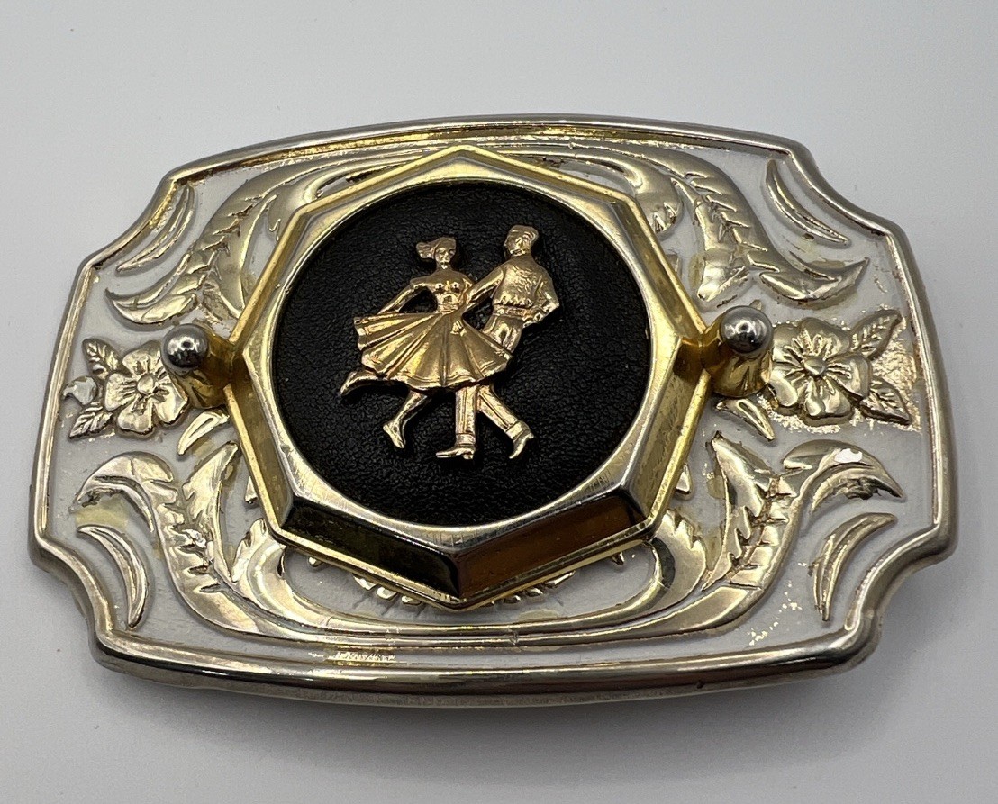 Western White Enamel Gold Tone Belt Buckle Couple Dancing Dance Floral Scroll