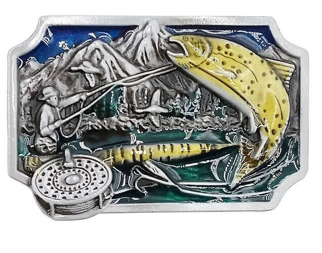 Fly Fishing Belt Buckle All Metal Outdoorsman Gift Back Country Brown Trout