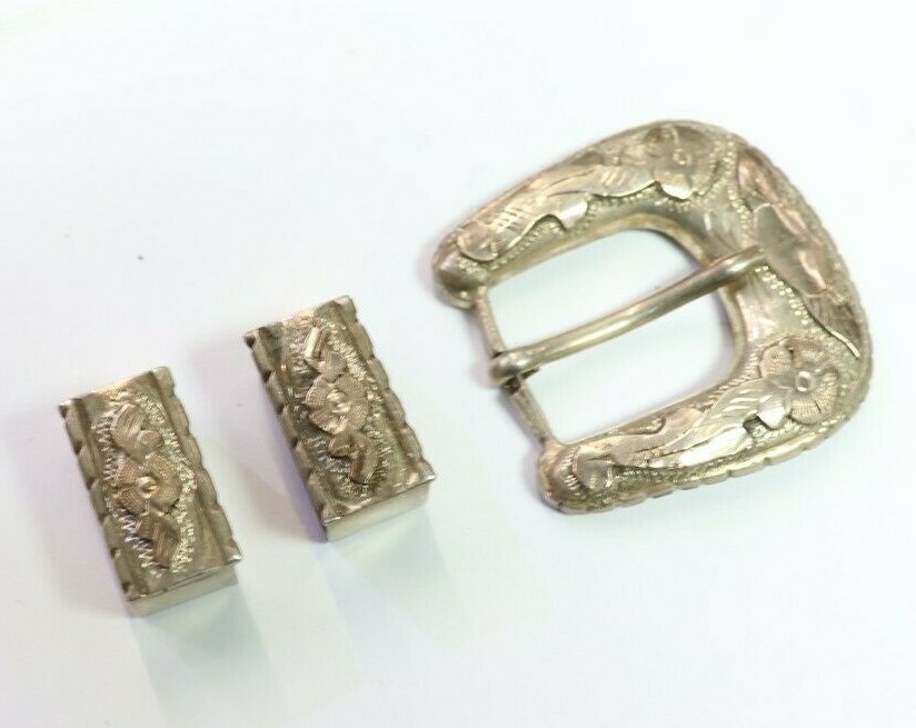 Hecho En Mexico Belt Buckle Set Sterling Silver 925 Flowers Glam fits 20mm Belt