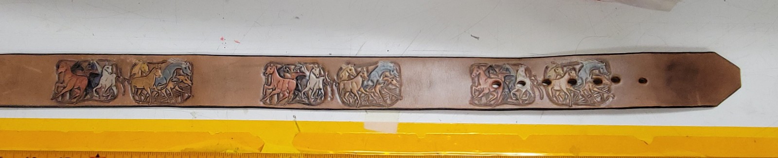 Sky West Brass Wood Inlay Buckle n Stamped Leather Belt
