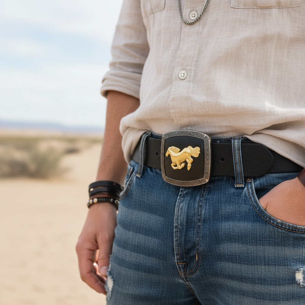 Men Women Western Belt Buckle Silver Metal Square Gold Rodeo Horse Black Fabric
