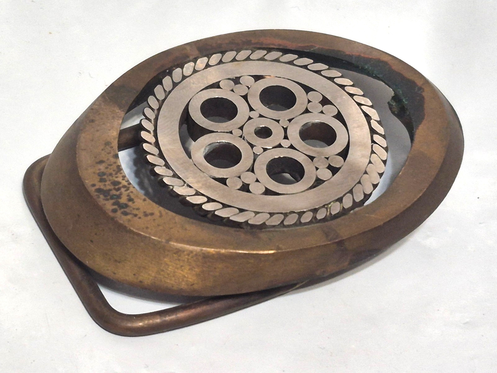 Vtg Handcrafted Silver Tone & Brass Oval Openwork Geometric Circle Belt Buckle