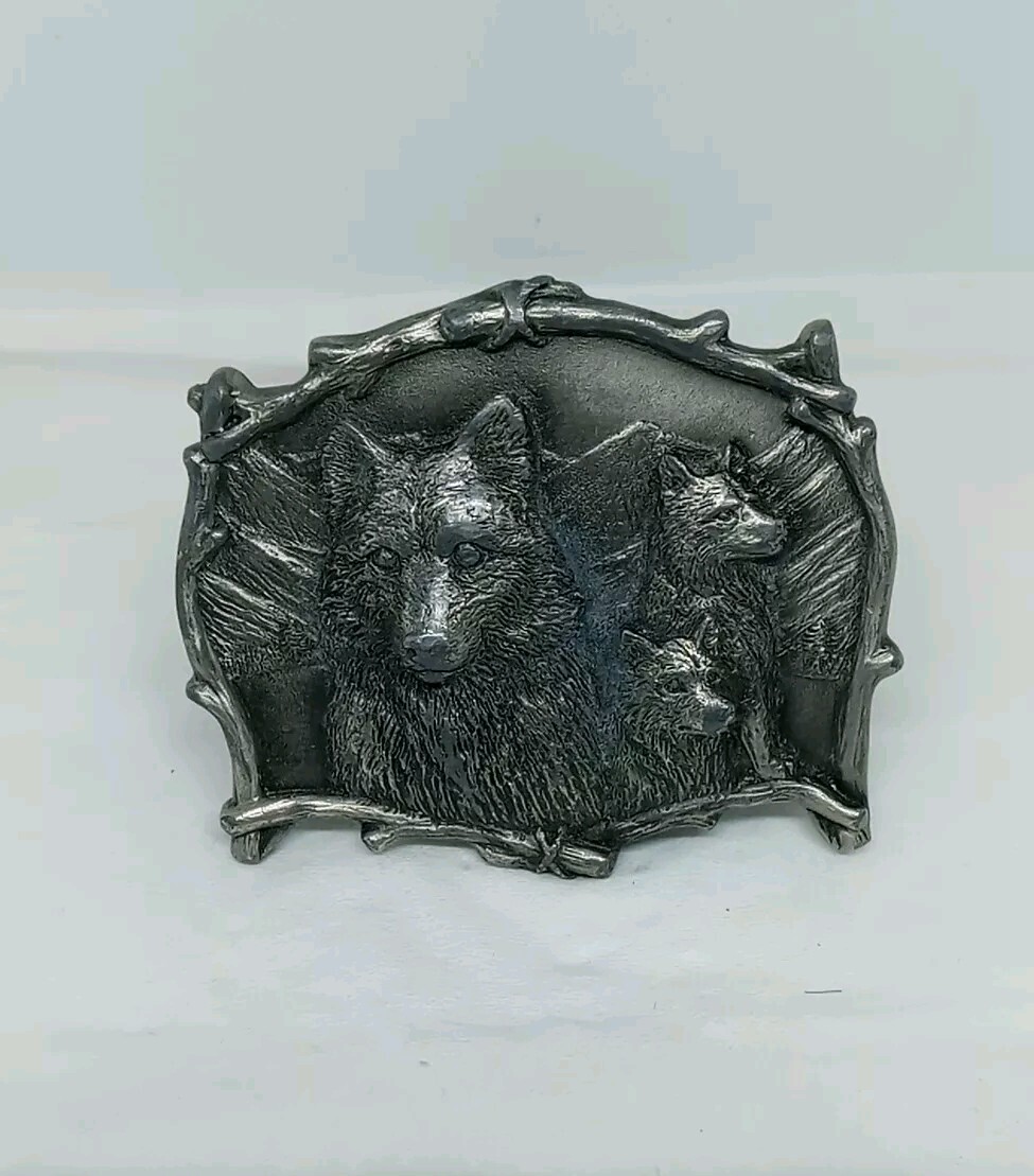 Vtg. Great American Products Pewter 3 Wolves Belt Buckle. Intricate. Heavy