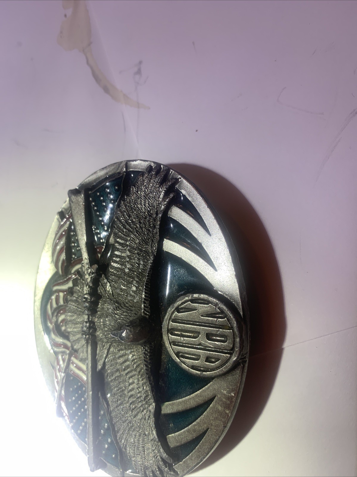 1995 NRA belt buckle , Eagle & Flag design, Bergamot co. E-251 USA Grey Metal