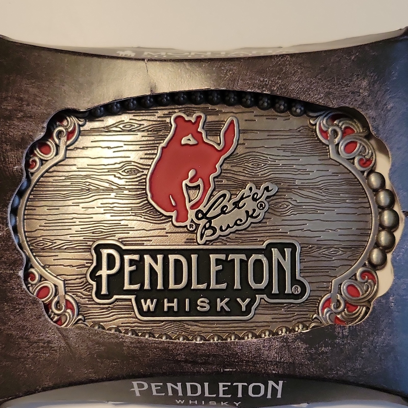 Pendleton Whisky Let&rsquo;er Buck Western Cowboy Rodeo Belt Buckle Logo Silver