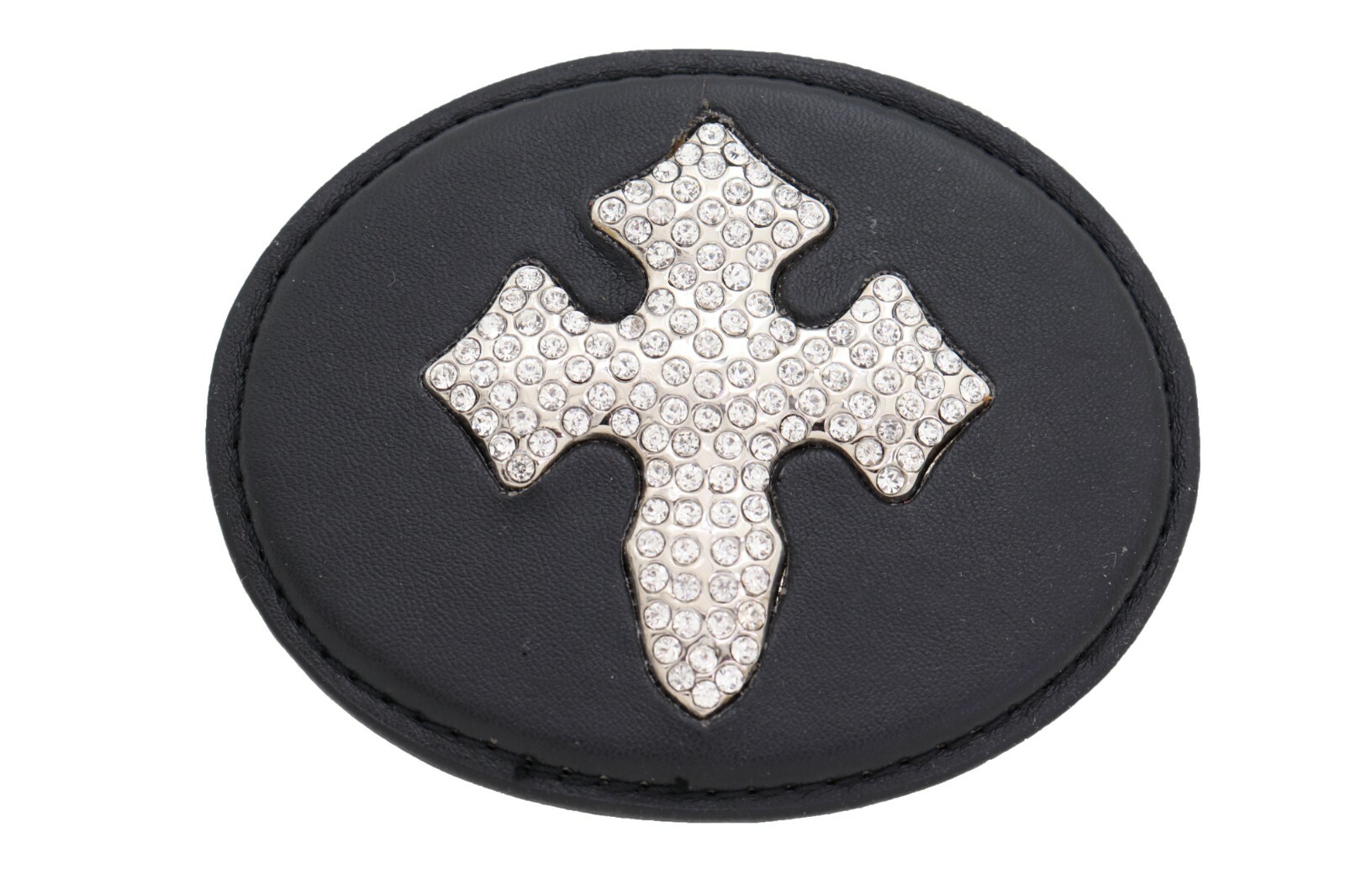 Men Women Fancy Belt Buckle Black Faux Leather Silver Metal Western Bling Cross