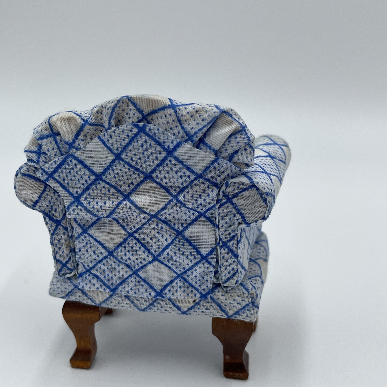 Vintage Doll House Upholstered Arm Chair Checker Stripes White Blue Print READ