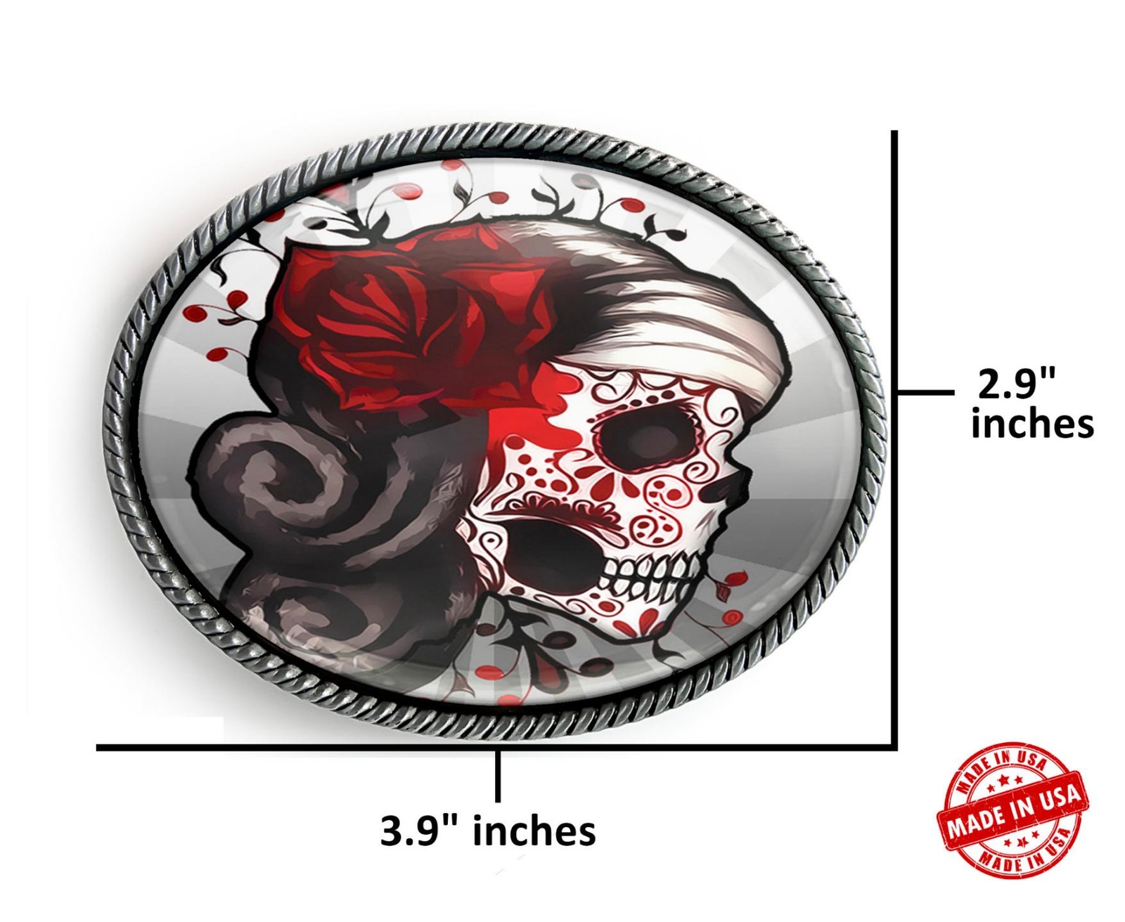 Sugar Skull Tattoo Belt Buckle – Day of the Dead Silver Oval Buckle – 73-2-SO