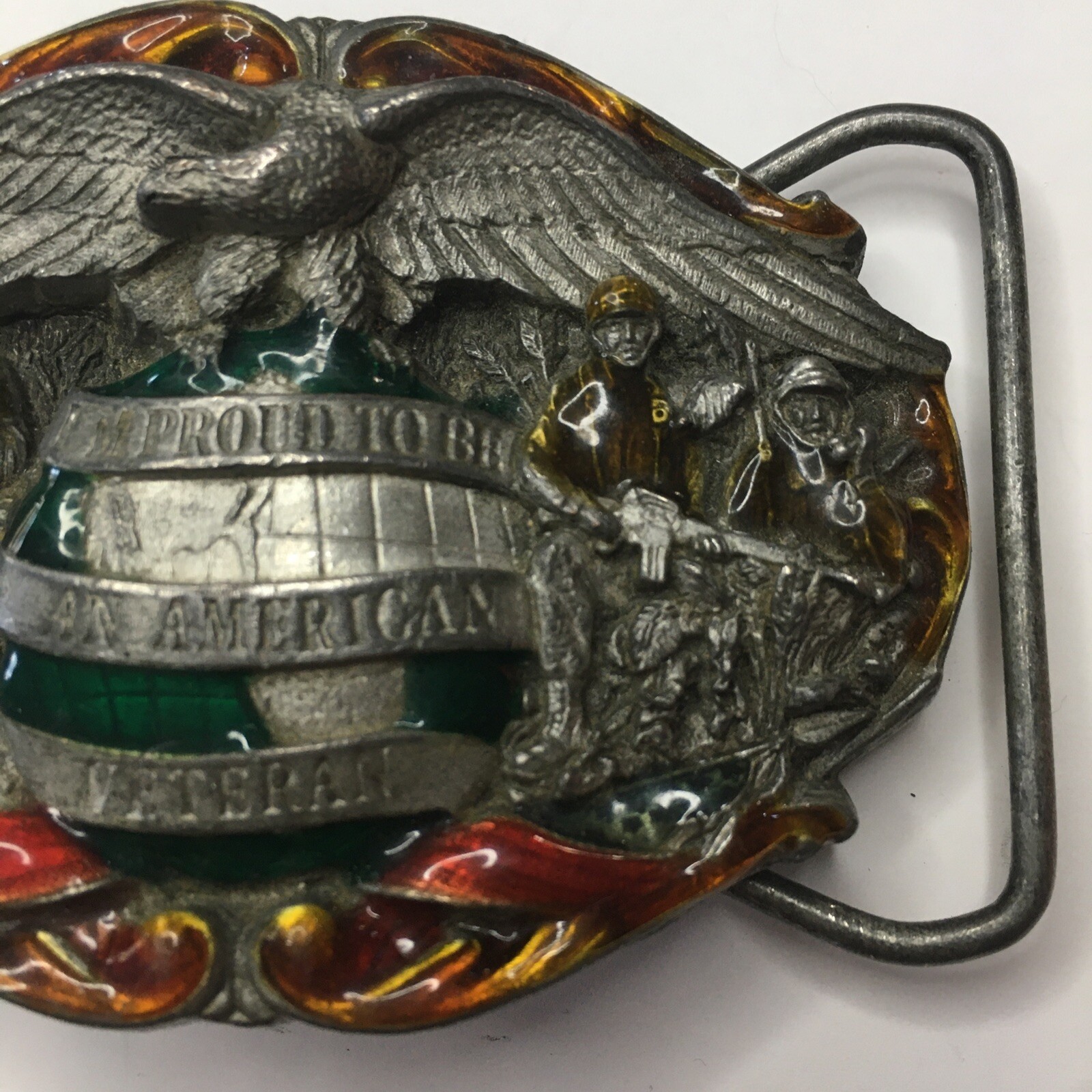 Vintage 1986 Brass USA Patriotic Proud To Be An American Veteran Belt Buckle War