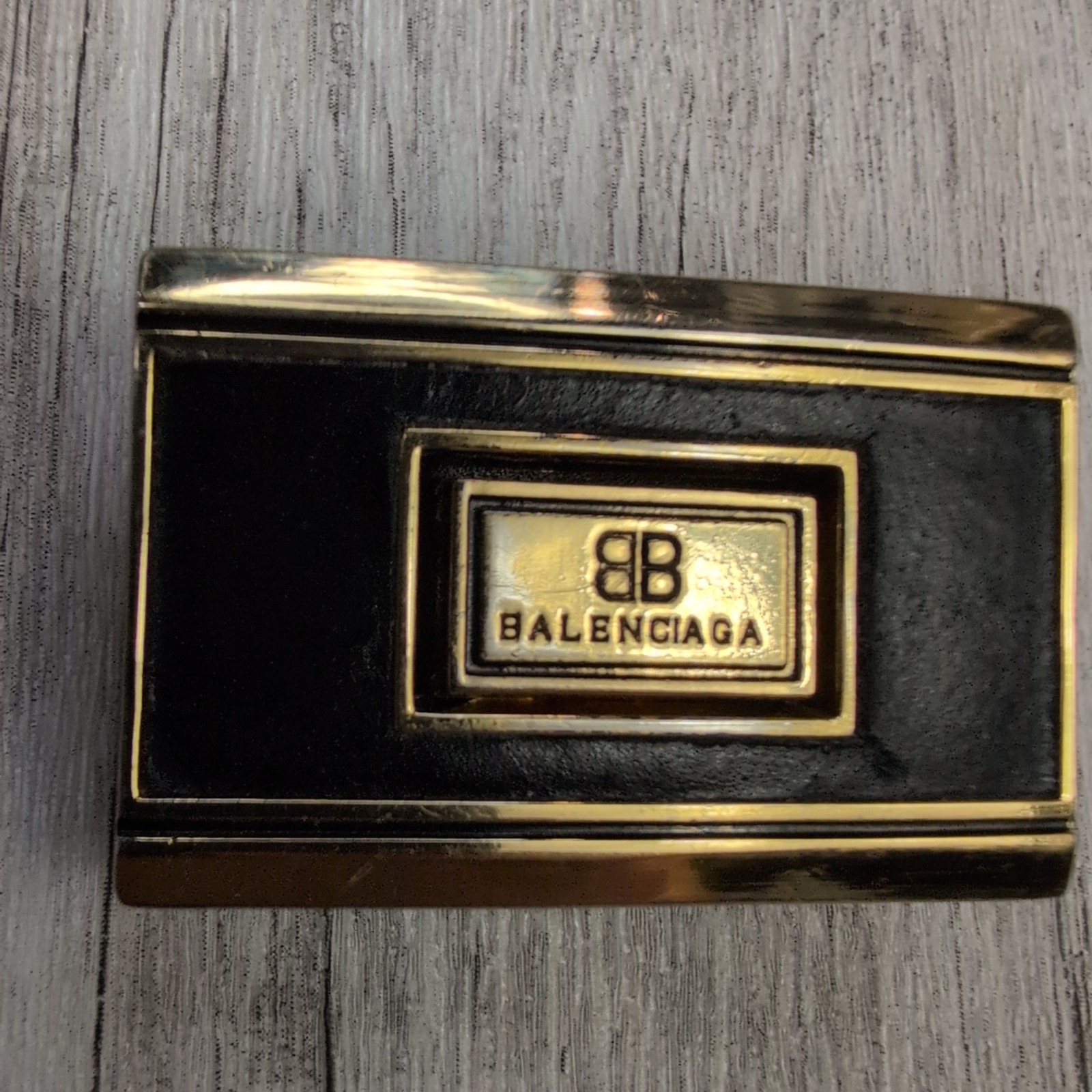 Balenciaga Black Gold Tone Belt Buckle Rectangle BB Logo Vintage Style Accessory
