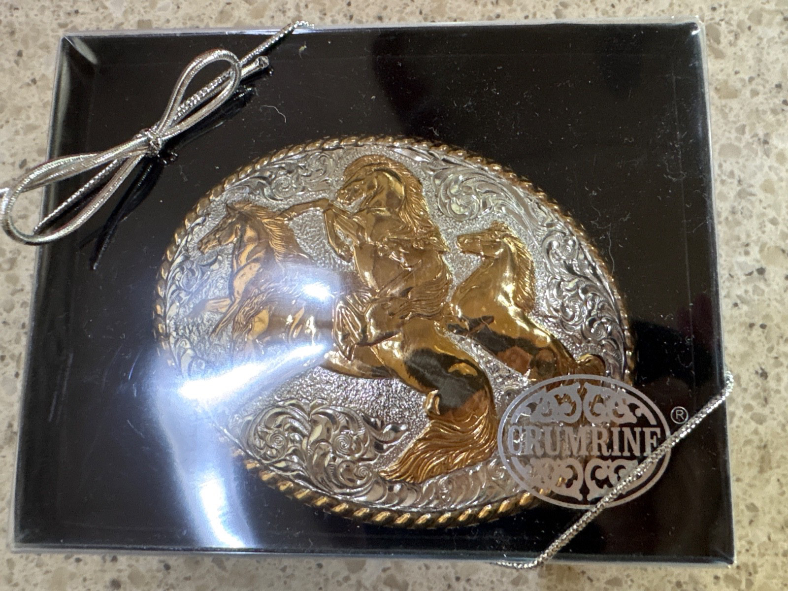 CRUMRINE WESTERN BELT BUCKLE WILD HORSES OVAL GOLD SILVER TONE