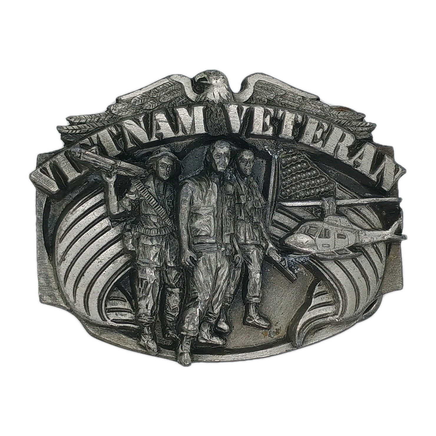 Buckle: Vietnam Veteran. Soldiers & Helicopter Design. Commemorative Pewter