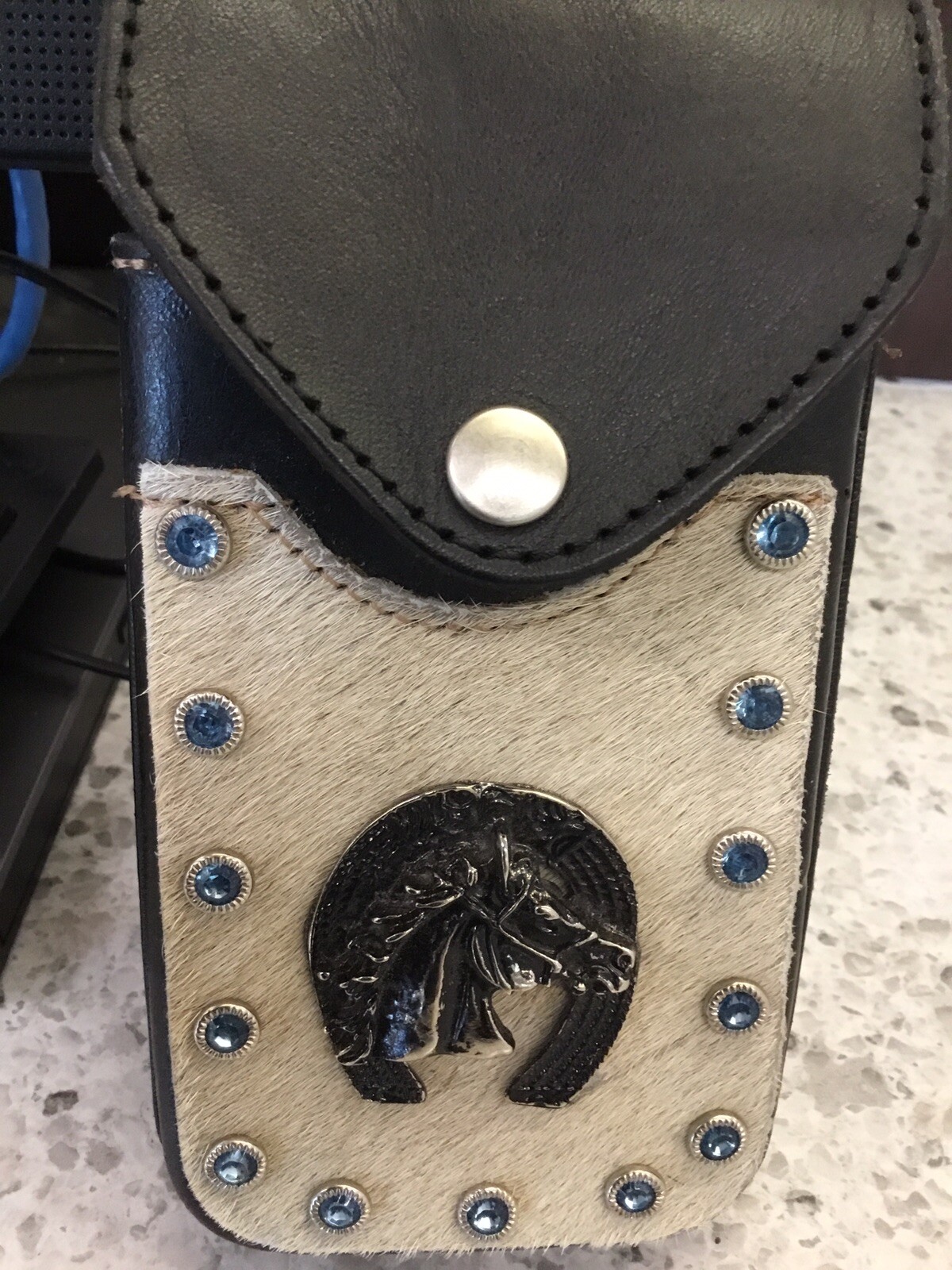 Leather Belt Attachment WESTERN COWHIDE HORSE HORSESHOE BLUE STONES-NICE!!