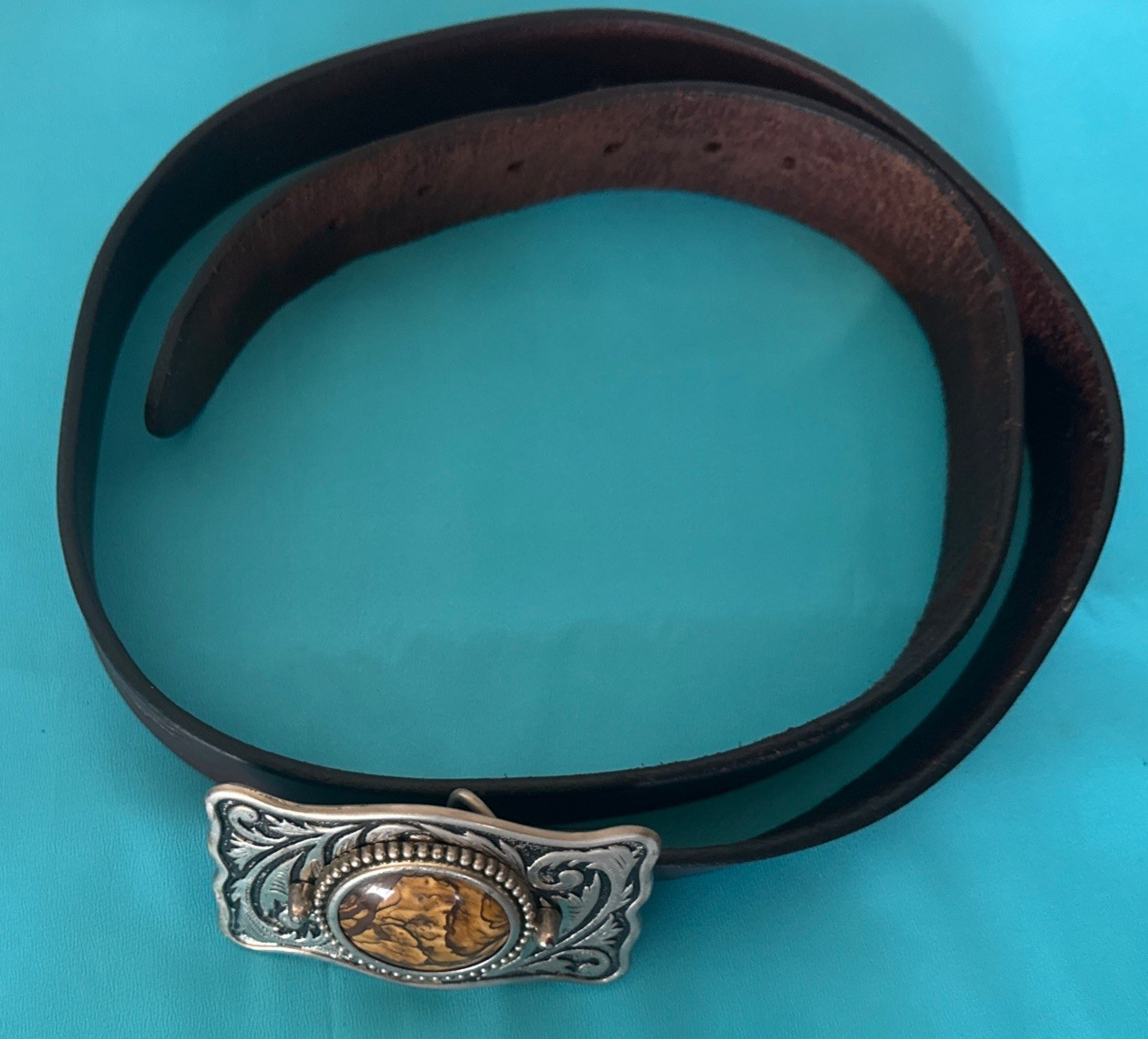 VINTAGE GENUINE LEATHER BELT , SILVER BUCKLE , LARGE POLISHED JASPER STONE