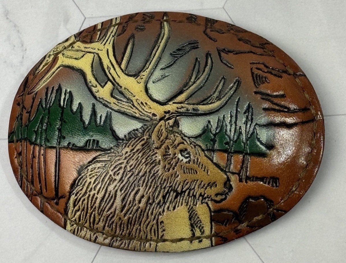 Vintage Torel Belt Buckle Leather Hand Tooled & Painted Elk or Deer 3747 Texas