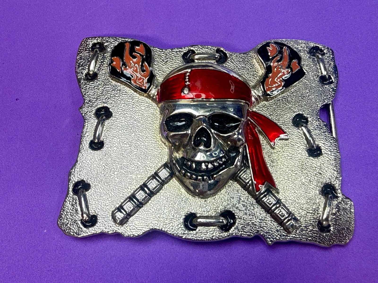 Raised Pirate Skull in Red Bandana Swords Gothic Punk Biker Vibe Belt Buckle