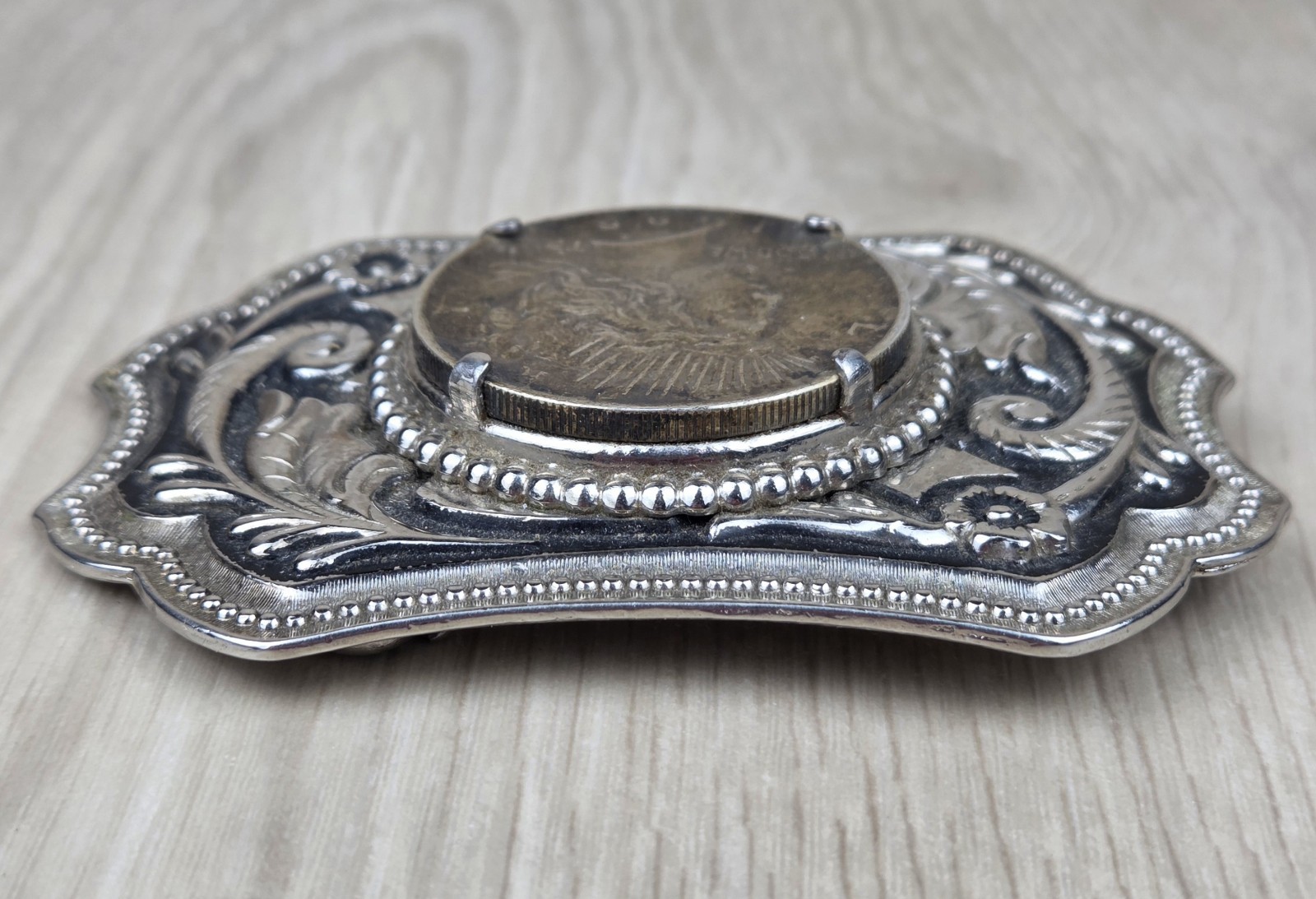 Vtg 1923 Peace Silver Dollar Coin Belt Buckle Engraved Scrollwork Western Cowboy