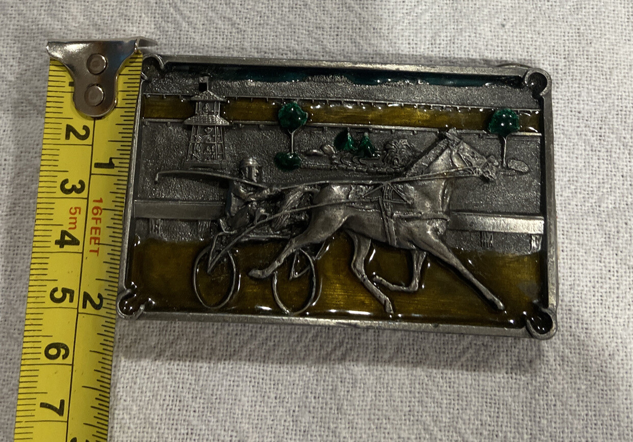 BELT BUCKLE EQUESTRIAN DESIGN 1984 BERGAMOT BRASS WORKS SILVER TONE Enamel