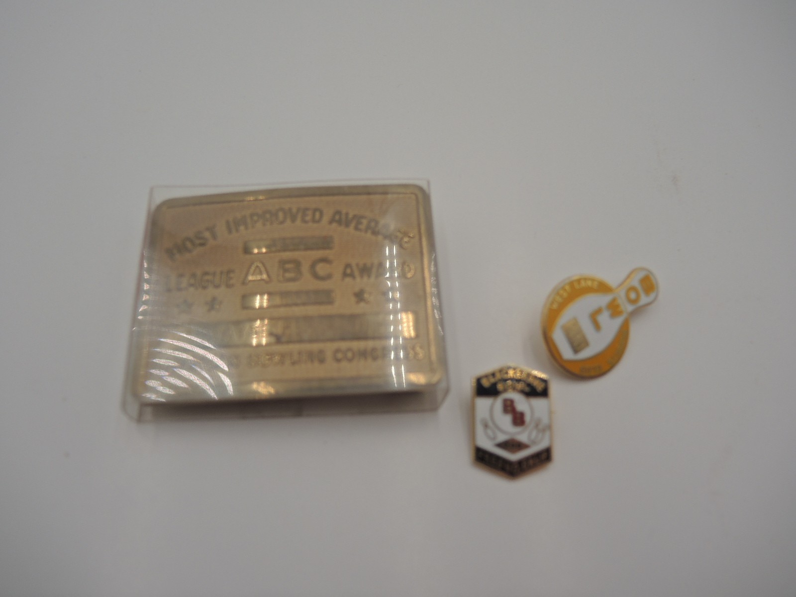 Vintage ABC Bowling Award Brass Belt Buckle Most Improved Average + 2 pinbacks