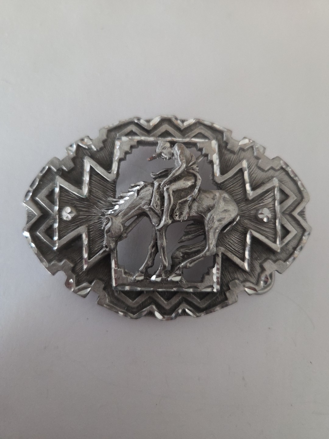 Metzke Vintage Diamond Cut Pewter Man Riding Horse Pewter Belt Buckle