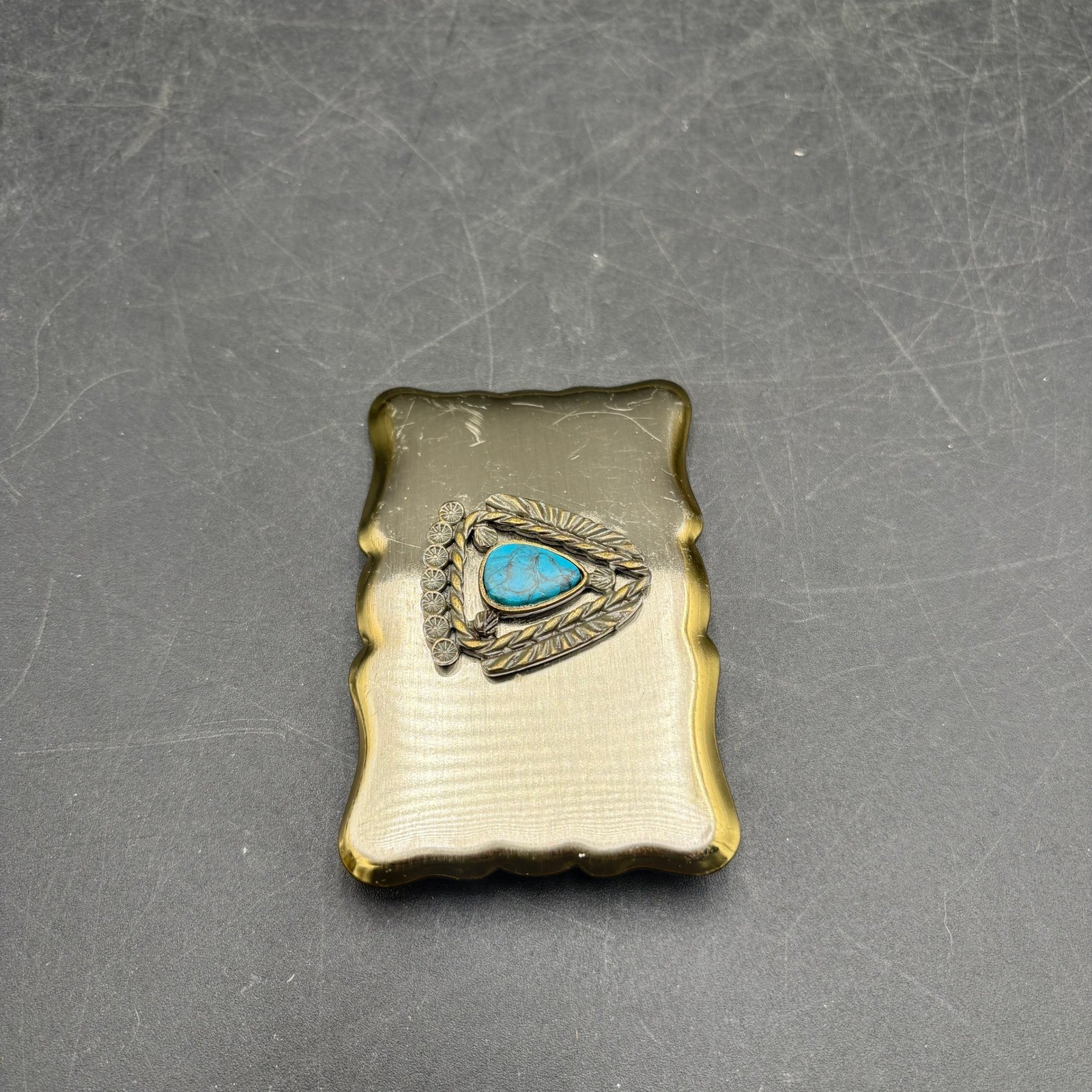Vtg Native American Theme Belt Buckle Faux Turquoise Scalloped Edge Southwestern