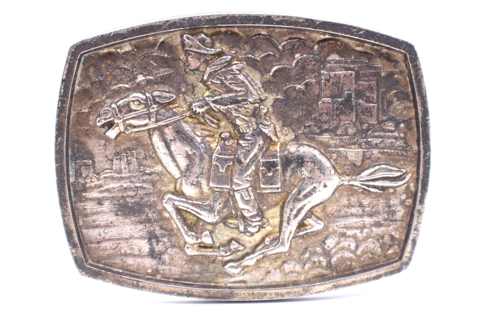 Vintage Western Cowboy Horse Pony Express Ranch Belt Buckle Metal Pewter Brass