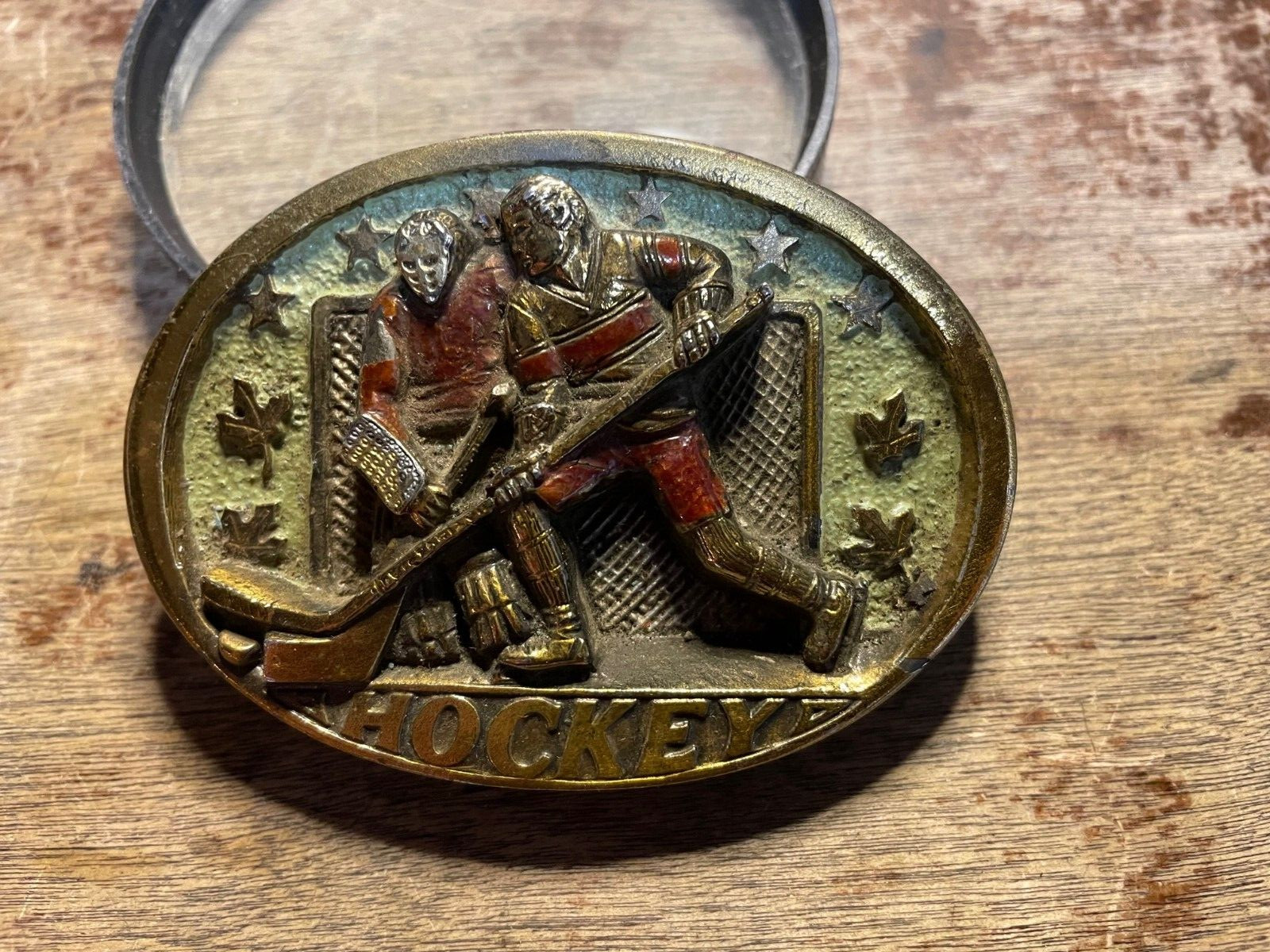 Vintage 1982 The Great American Buckle CO. Hockey Brass Buckle USA NHL MapleLeaf