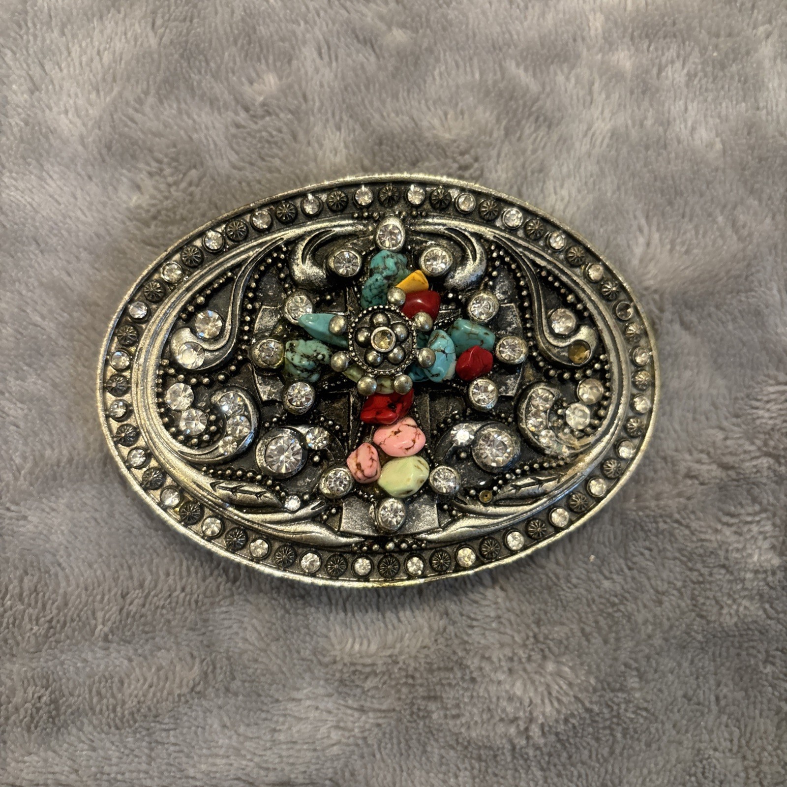 Western Oval Turquoise Color Cross Embellished Stones Belt Buckle 3”x4”