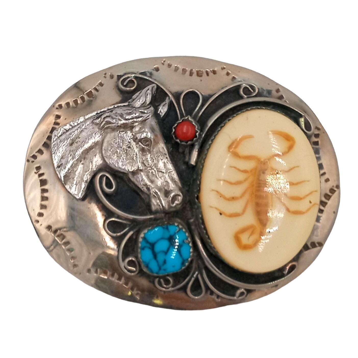 Horse Rodeo Belt Buckle Turquoise Coral Scorpion Cowboy Country Western Wear