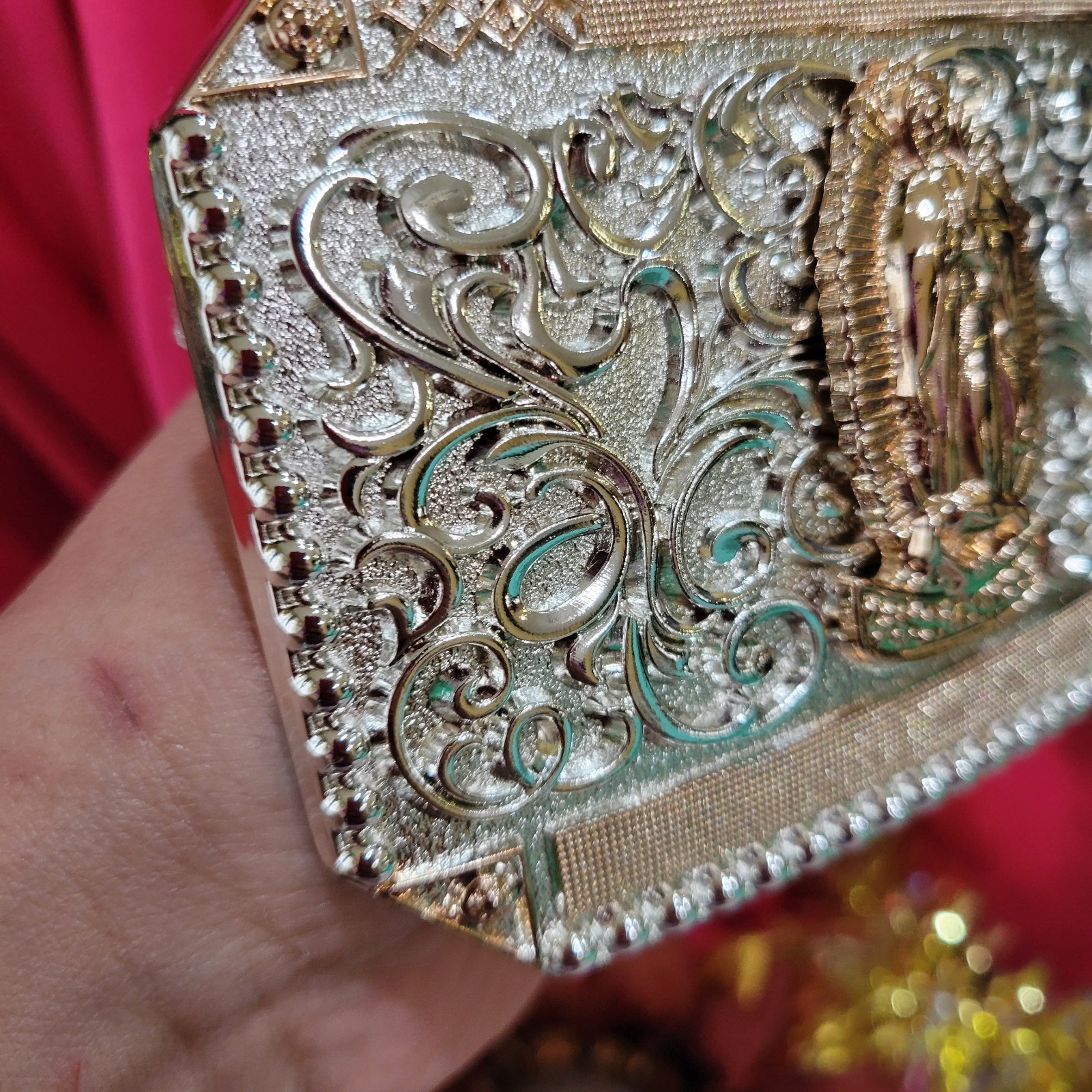 Virgen De Guadalupe Western belt Buckle Rose Tone Silver Heavy Zinc Alloy Oval