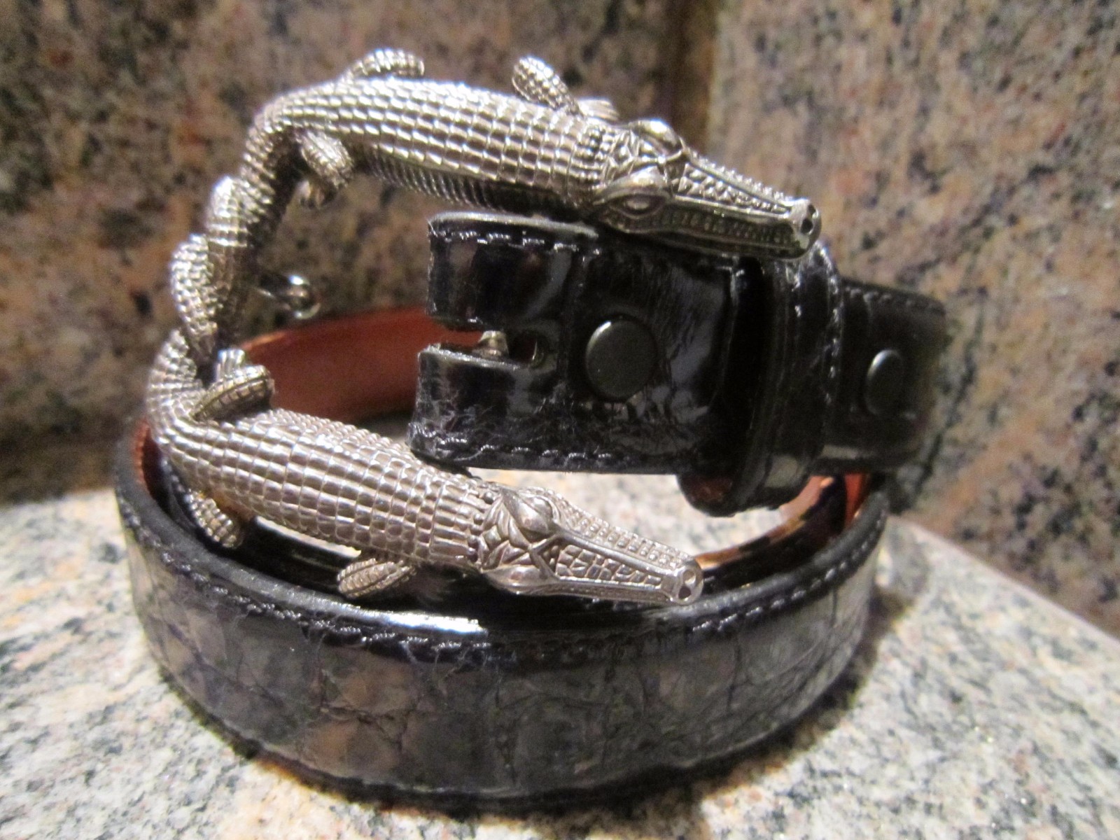 Kieselstein-Cord Sterling Double Alligator Buckle W/Black Alligator Belt Size 1