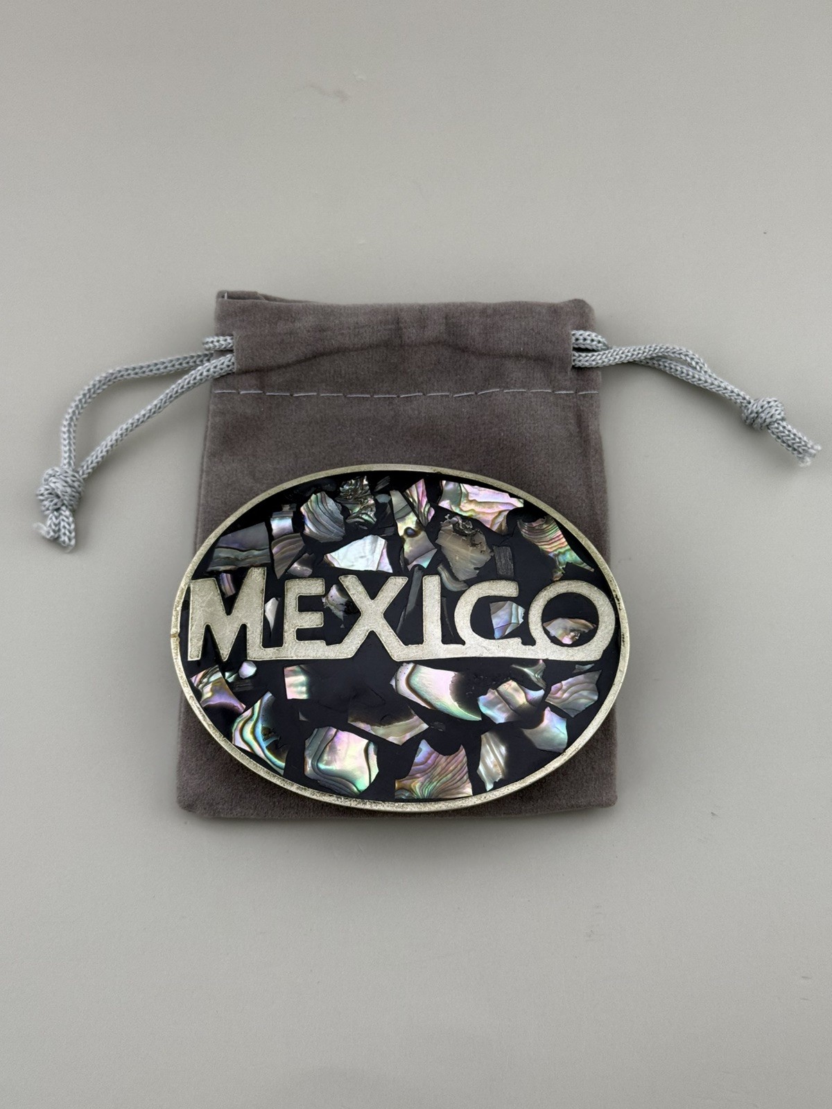 Mexico Abalone Mosaic Belt Buckle Oval Iridescent Inlay 1970s