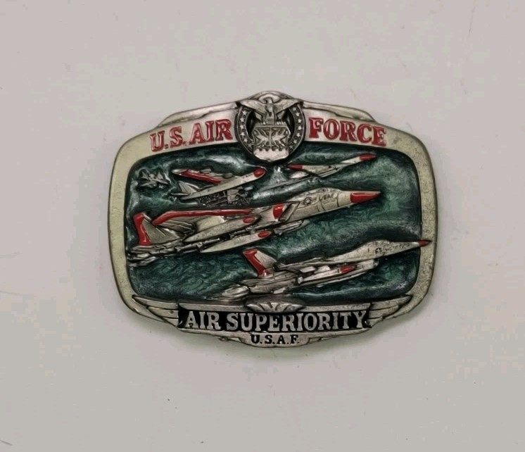 NEW VINTAGE BELT BUCKLE USAF US AIR FORCE SUPERIORITY 1983 #1073 JET PEWTER