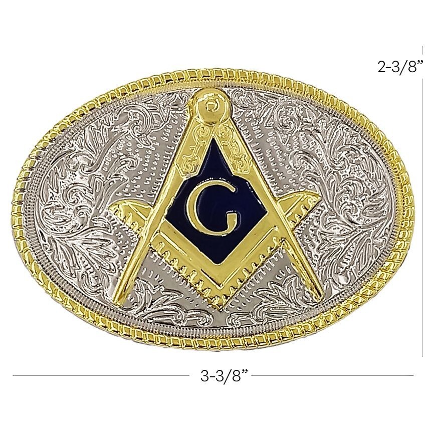 Silver Gold Tone MASON Stone Crafters Belt Buckle Masonic symbols Compass