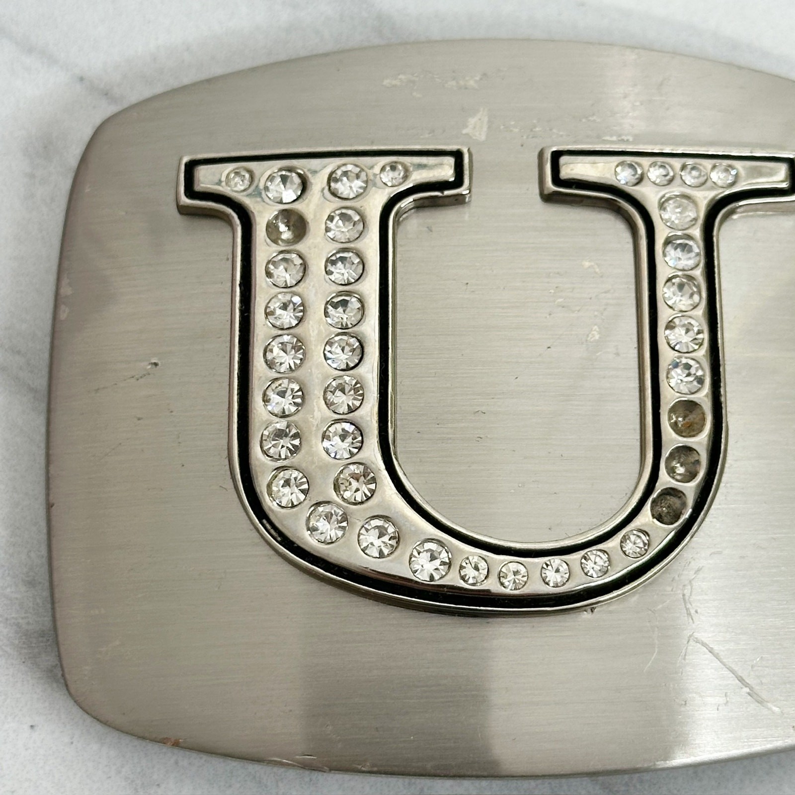 Rhinestone Studded U Letter Initial Monogram Silver Tone Belt Buckle