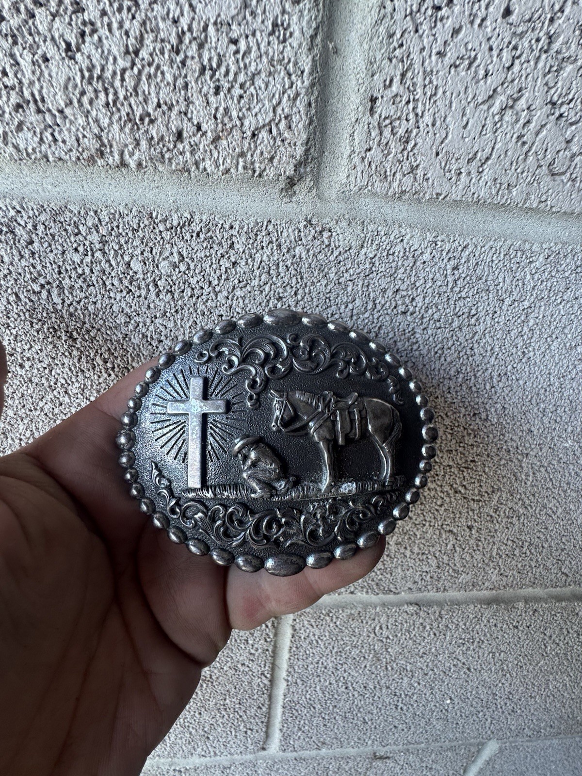 Nocona Western Belt Buckle Cowboy Man at Cross Praying Silver 37374