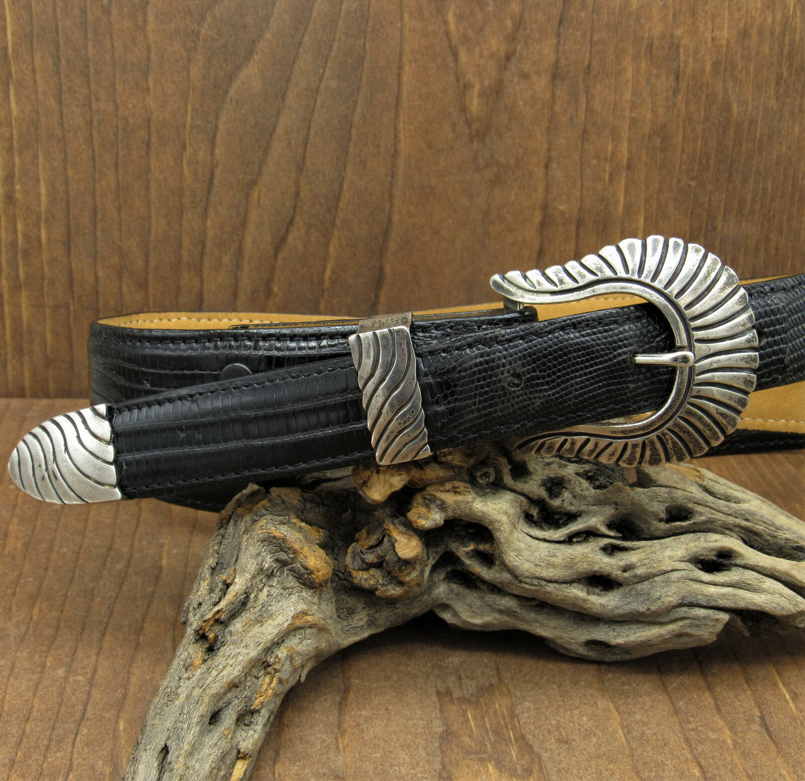 Areias Sterling Silver Buckle on RDM Teju Lizard Black Long Belt+