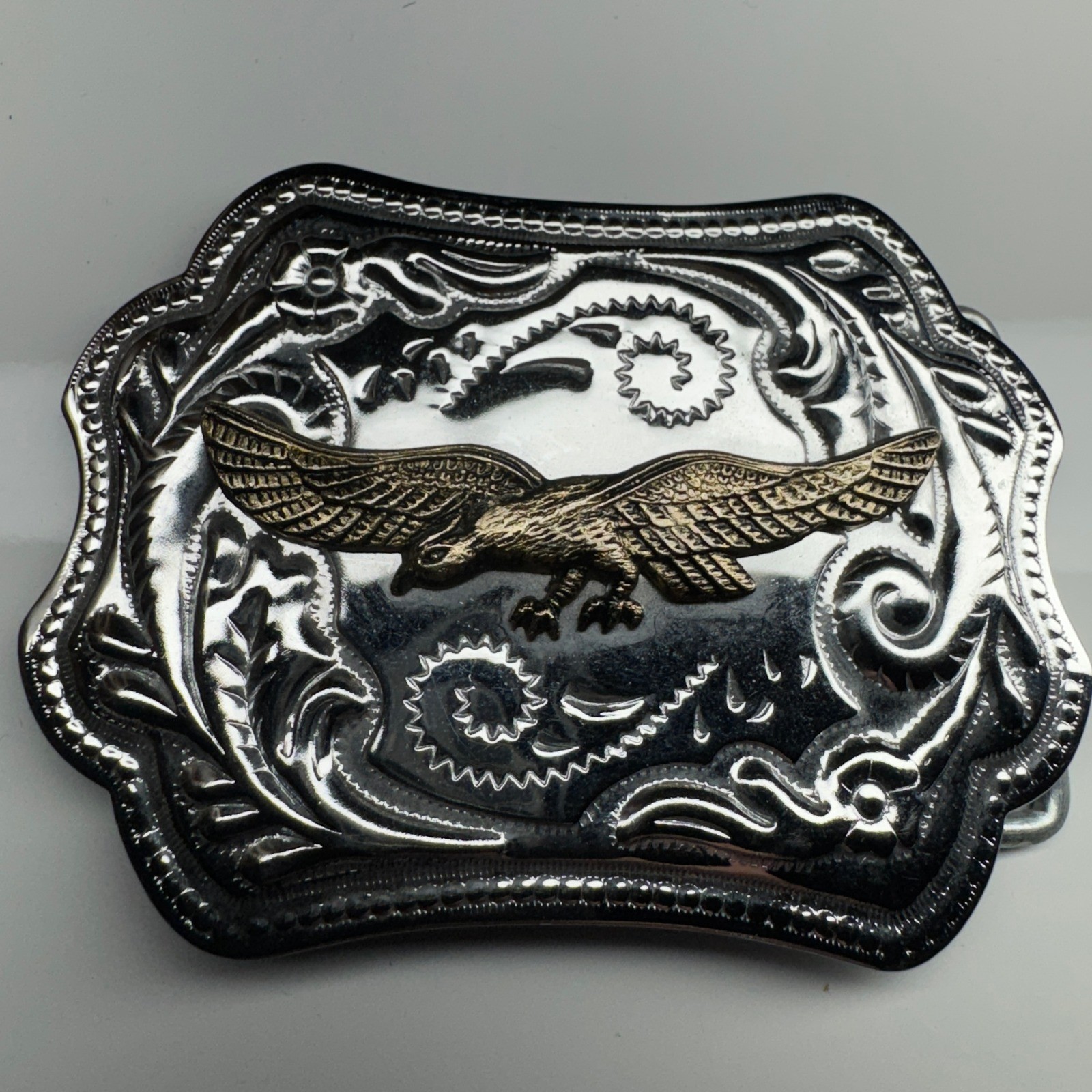 Western Eagle Belt Buckle Silver Tone Gold Tone Ornate Floral Design Cowboy