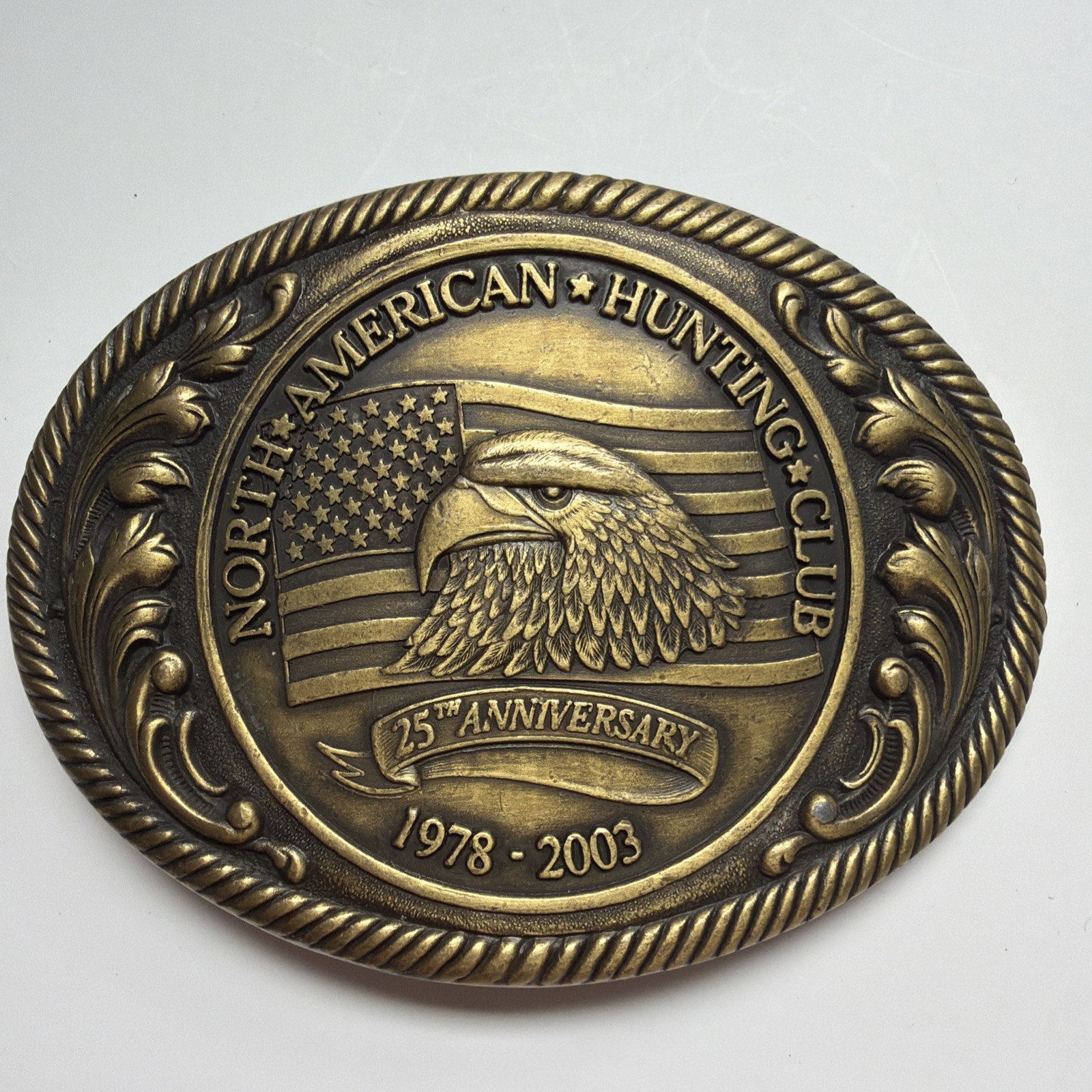 North American Hunting Club Brass Belt Buckle 25th Ann 1978-2003 Oval Eagle Flag