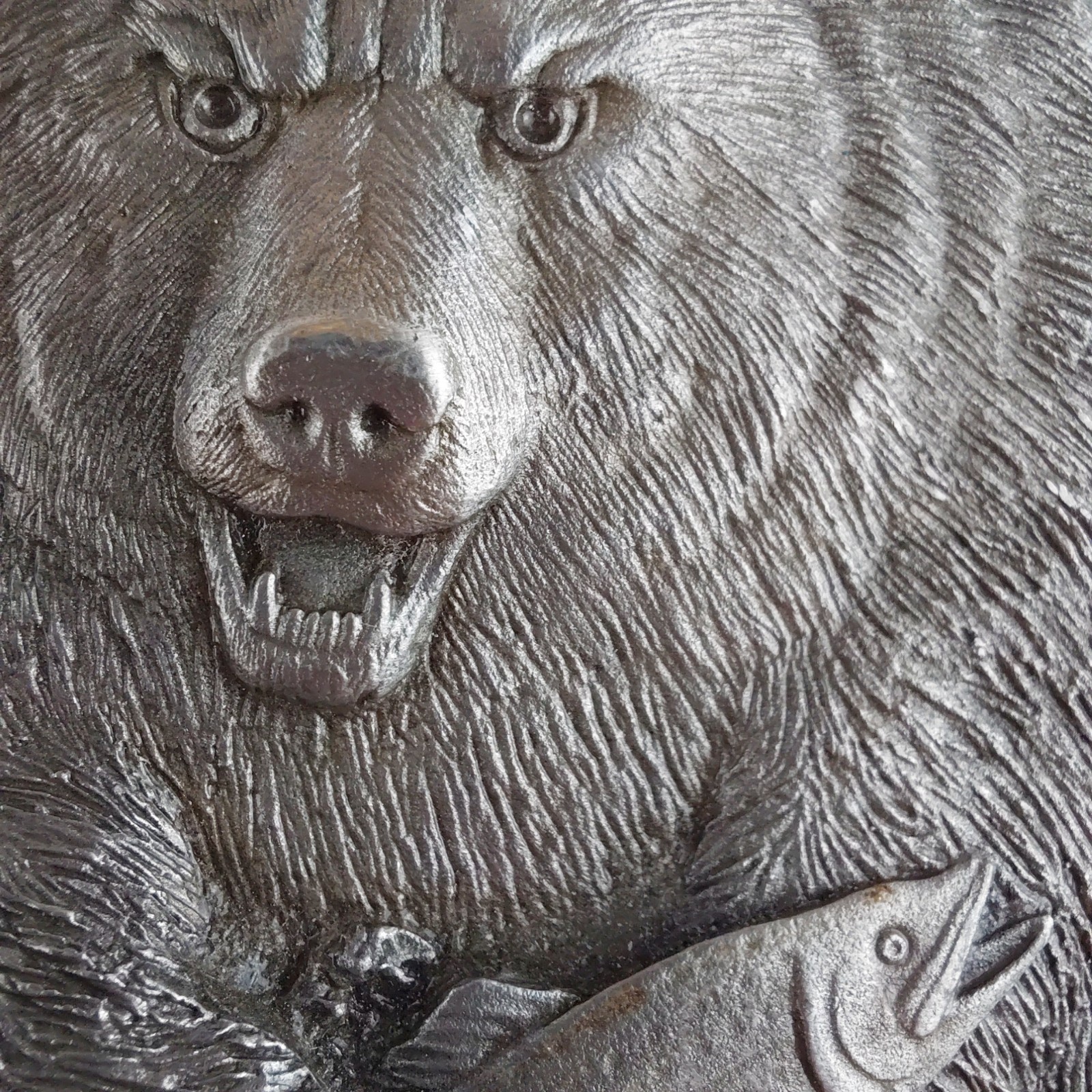BERGAMOT Brass Works Bear Fish Belt Buckle Trout Fishing Silver Tone 1978