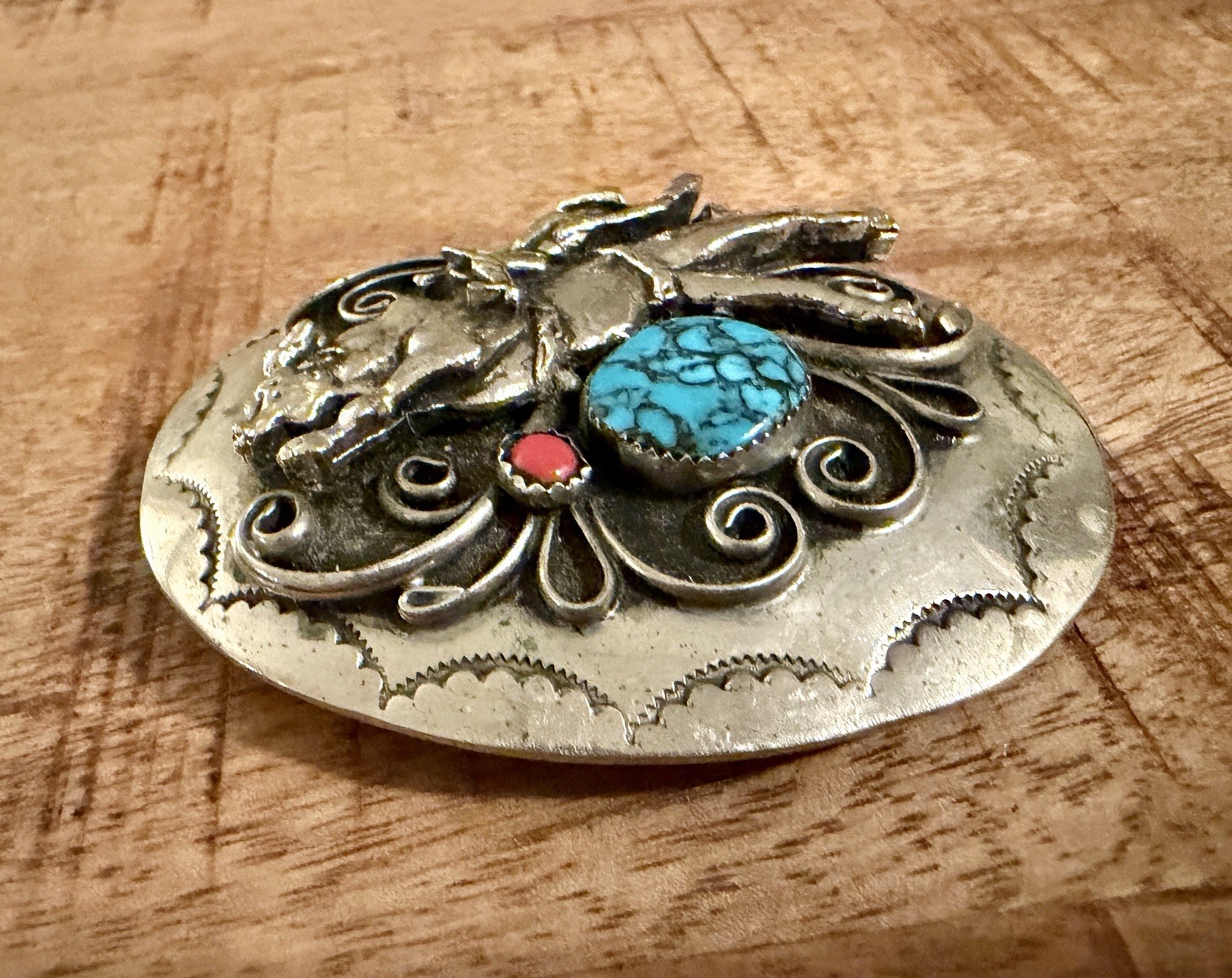 Handmade Bull Rider Turquoise Coral Rodeo Horse and Cowboy Men’s Belt Buckle
