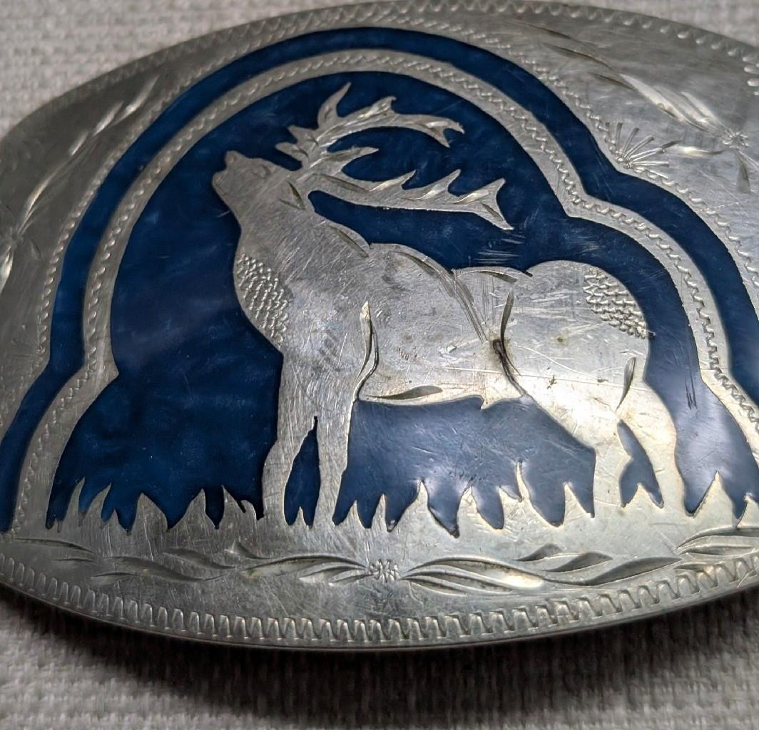 vintage ELK belt buckle HANDCRAFTED german silver WESTERN inlay ENGRAVED cowboy