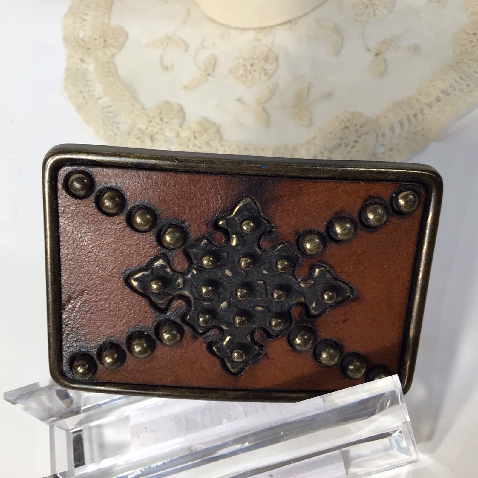 Brass Leather & Studs Belt Buckle~Brown/ Gold Handcrafted ~UNIQUE ~FREE SHIPPING